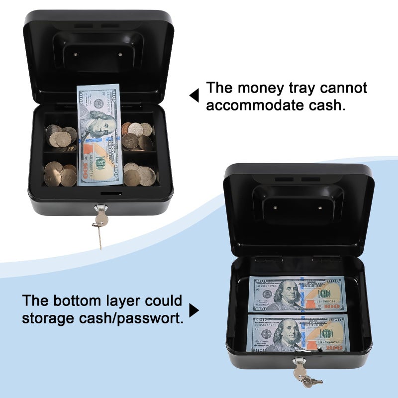 Kyodoled Medium Cash Box with Money Tray,Small Safe Lock Box with Key,Cash Drawer,7.87"x 6.30"x 3.54" Black Medium - Image 2